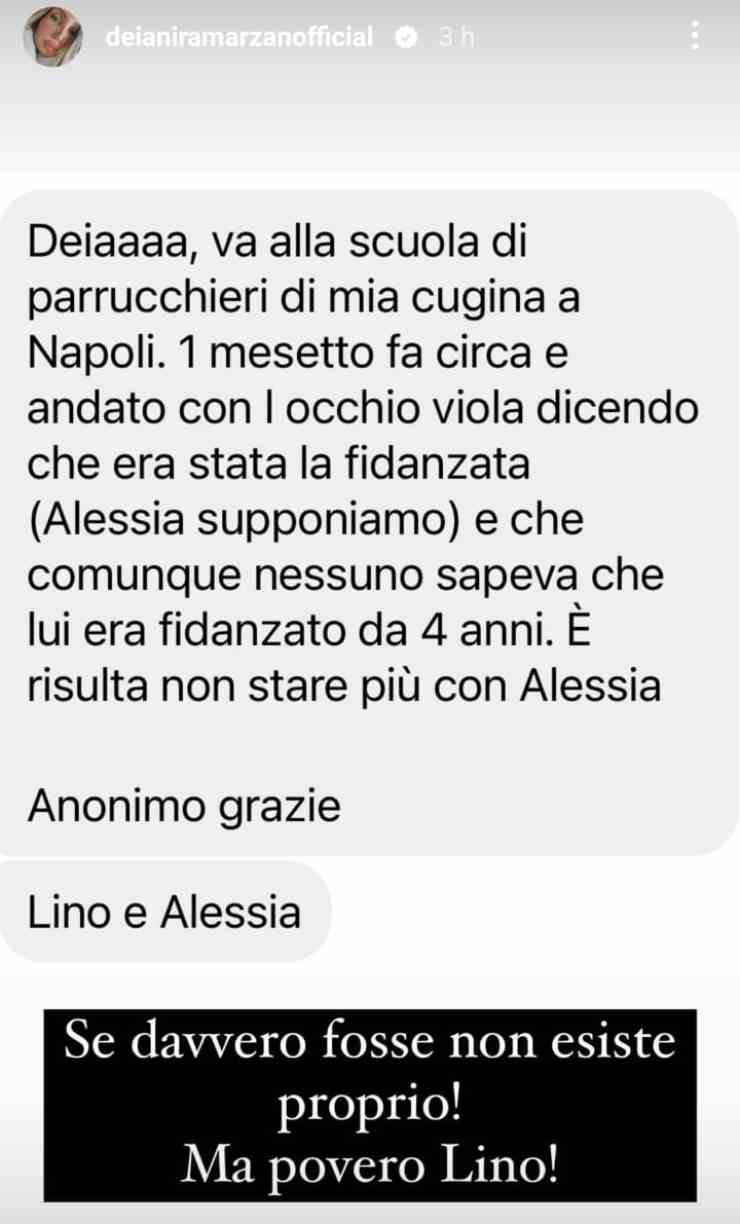 Lo screene shoot del messaggio ricevuto da Deinara Marzano su Lino