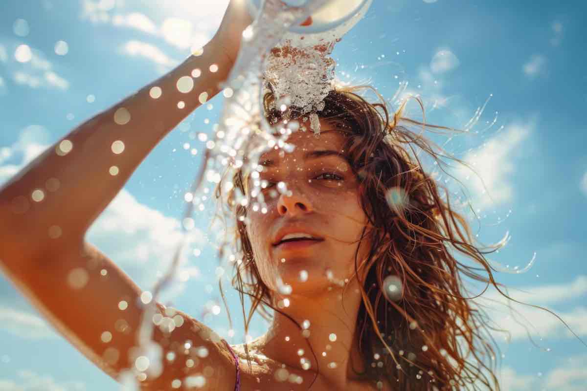 Ragazza si refrigera con acqua