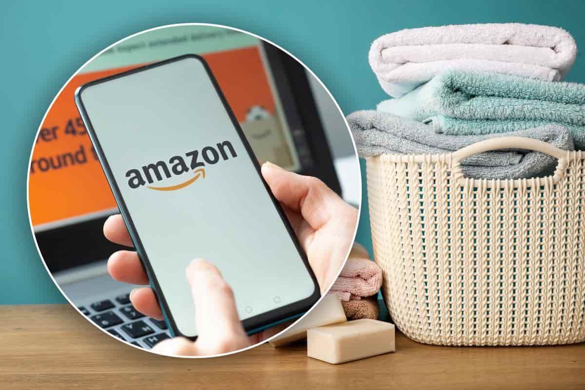 cesto con panni e telefono con logo amazon